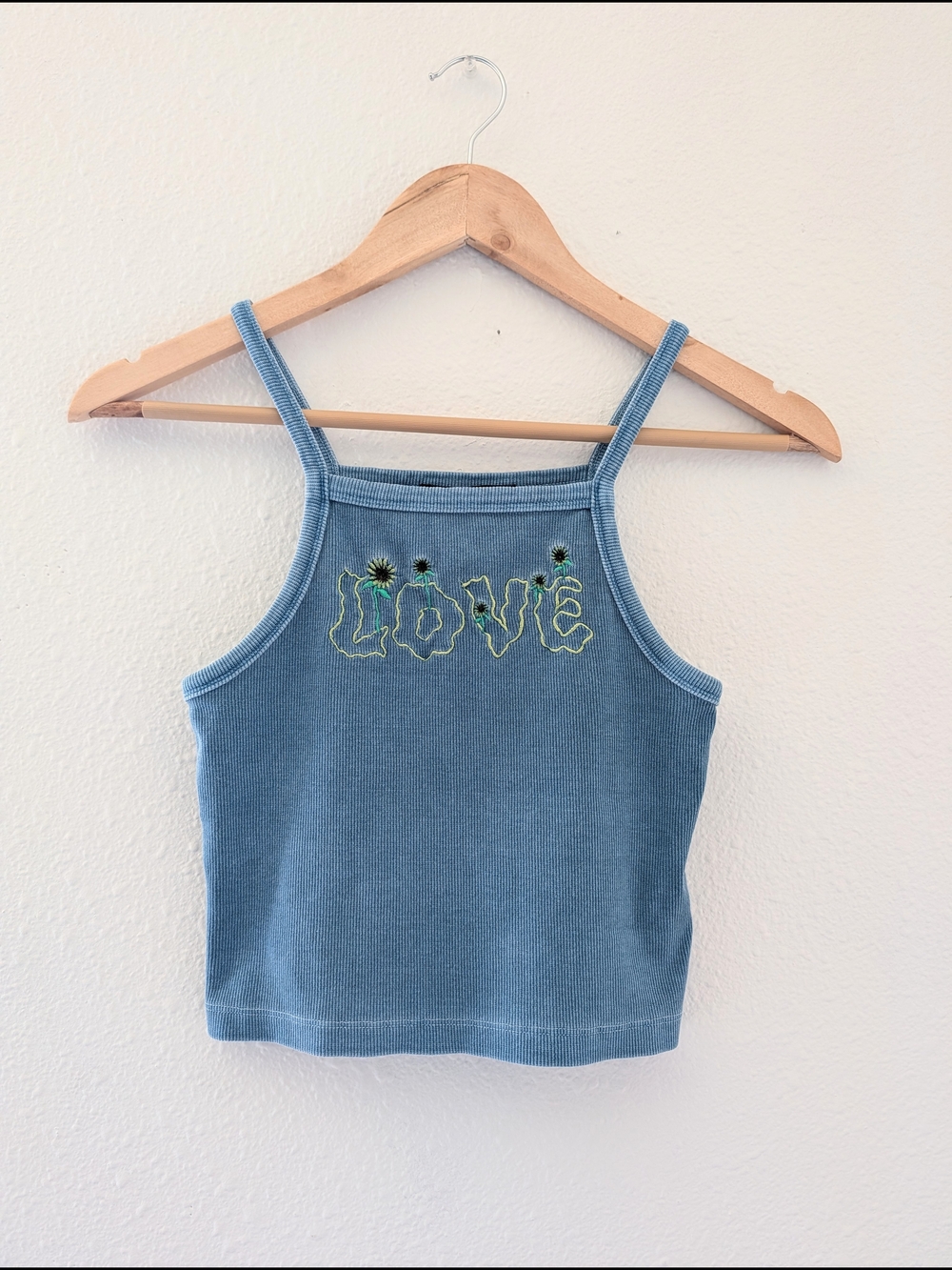 Y2K Blue Ribbed Cropped Tank with 'LOVE' Embroidery Size S